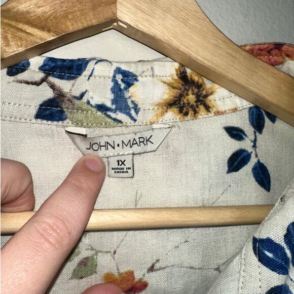 John Mark 100% Linen Floral Button Down Shirt Top White Multicolor 1X - Picture 3 of 6
